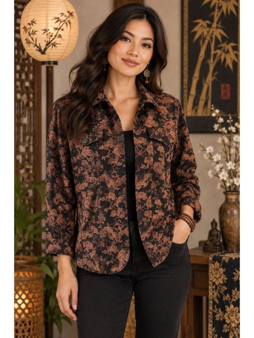 Susan Graver Black and Brown Floral Shirt Jacket Size S Asian Indie Dark Acdema